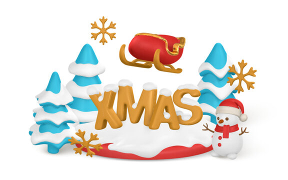 Merry Christmas and Happy New Year background. Realistic 3d open gift box, sleigh, snowman, tree and snowflake. Vector illustration