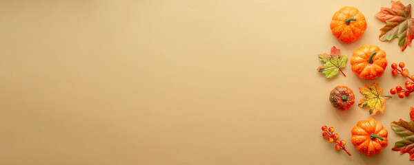 Autumn flat lay background at color paper. Pumpkins, leaves and fall decorations. Long banner format for web.