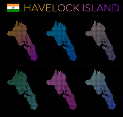Havelock Island dotted map set. Map of Havelock Island in dotted style. Borders of the island filled with beautiful smooth gradient circles. Radiant vector illustration.