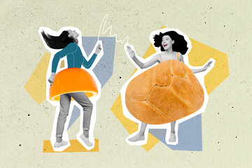 Collage artwork graphics picture of two ladies having fun together dancing food outfits isolated painting background