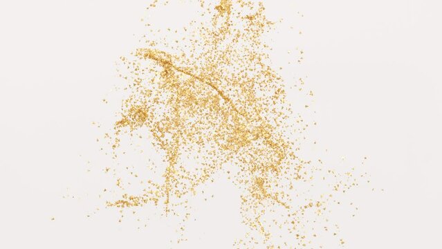 Abstract golden glitter particles. Shiny confetti. Flowing effect. 3D rendering. Motion graphic.