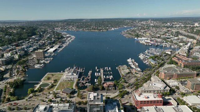 Establishing aerial view of Seattle's Lake Union on a bright sunny day.