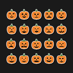 Halloween Pumpkins Faces sticker set. Halloween party decorations. Easy to edit vector template