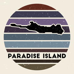 Paradise Island logo. Sign with the map of island and colored stripes, vector illustration. Can be used as insignia, logotype, label, sticker or badge of the Paradise Island.