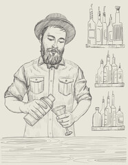 Barman mixing cocktail, bottles on a backdrop, sketch