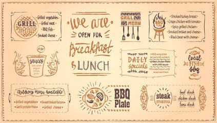 Naklejka na ściany i meble Barbecue menu list template, board with BBQ symbols