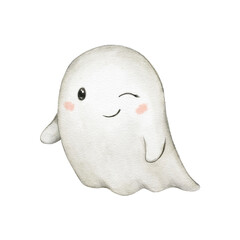 Watercolor Halloween illustration. Cute winking ghost isolated on white background. Kids spooky character. Happy holiday poster, greeting card, party invitation element template
