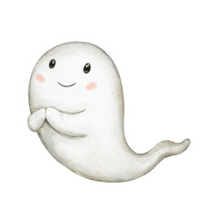 Cute Halloween ghost illustration. Watercolor art. Kids spooky character. Happy holiday poster, greeting card, party invitation element template