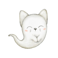 Watercolor Halloween illustration. Cute cat ghost isolated on white background. Kids spooky animal character. Happy holiday poster, greeting card, party invitation element template