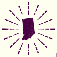 Indiana Logo. Grunge sunburst poster with map of the us state. Shape of Indiana filled with hex digits with sunburst rays around. Powerful vector illustration.