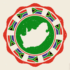South Africa vintage sign. Grunge round logo with map and flags of South Africa. Classy vector illustration.