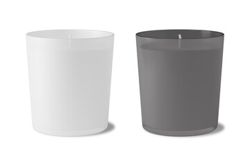 White and black glass matte aromatic candles isolated, mock up for branding identity of product, advertising, presentation, design of packing. 3d rendering.