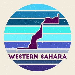 Western Sahara logo. Sign with the map of country and colored stripes, vector illustration. Can be used as insignia, logotype, label, sticker or badge of the Western Sahara.