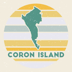 Coron Island logo. Sign with the map of island and colored stripes, vector illustration. Can be used as insignia, logotype, label, sticker or badge of the Coron Island.