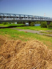 除草された土手の枯れ草のある初秋の江戸川河川敷と葛飾橋風景