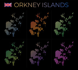 Orkney Islands dotted map set. Map of Orkney Islands in dotted style. Borders of the island filled with beautiful smooth gradient circles. Elegant vector illustration.