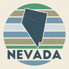 Nevada logo. Sign with the map of us state and colored stripes, vector illustration. Can be used as insignia, logotype, label, sticker or badge of the Nevada.