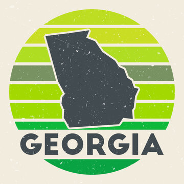 Georgia logo. Sign with the map of us state and colored stripes, vector illustration. Can be used as insignia, logotype, label, sticker or badge of the Georgia.