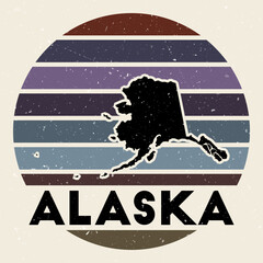Alaska logo. Sign with the map of us state and colored stripes, vector illustration. Can be used as insignia, logotype, label, sticker or badge of the Alaska.