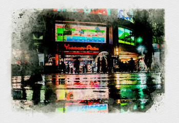 雨のネオン街、雨模様の夜の街、夜のネオン街、雨の降る繁華街,イルミネーションが美しい光の街