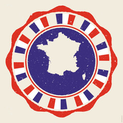 France vintage sign. Grunge round logo with map and flags of France. Beautiful vector illustration.