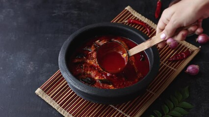 Spicy sardine fish curry gravy , 4k video of serving spicy Kerala red fish curry , Goan red fish curry , Indian fish curry Bengali fish masala curry Kolkata, India Sri Lanka. Lankan food