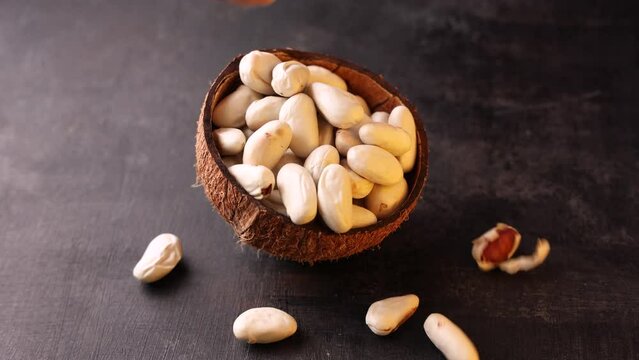Jackfruit nuts in a coconut shell bowl. 4k video of Indian nuts or seed.