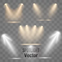 Fotobehang Set of golden spotlight isolated on transparent background. Glowing light effect with gold rays and beams. Scene floodlight spotlight stage beam. © hopenv