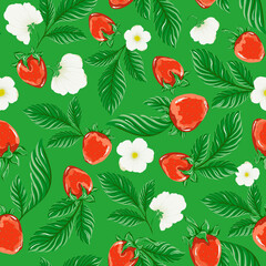 Seamless strawberry pattern. Red berries, white flowers and green leaves. Bright, juicy berry ornament.