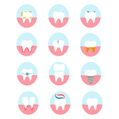 Set of teeth icons. Vector illustration of various dental diseases and tooth condition, as caries, crack, split, implant, gingivitis, wisdom tooth for brochure, banner, dental clinic, logo