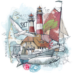 Handgezeichnete Illustration, Collage von der Insel Sylt - obrazy, fototapety, plakaty
