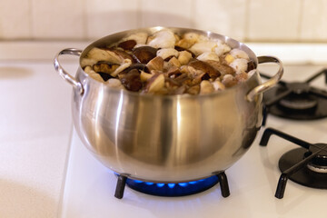 Mushrooms are cooked in boiling water in a saucepan on a gas stove.