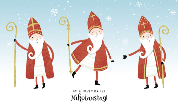 Lovely drawn Nikolaus character, , text in german saying "6th of December is Nikolaus Day" - great for invitations, banners, wallpapers, cards - vector design