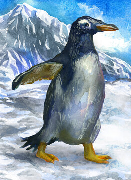 The penguin is in a hurry about his business against the backdrop of snow-capped ice mountains and snow. Watercolor drawing of birds.