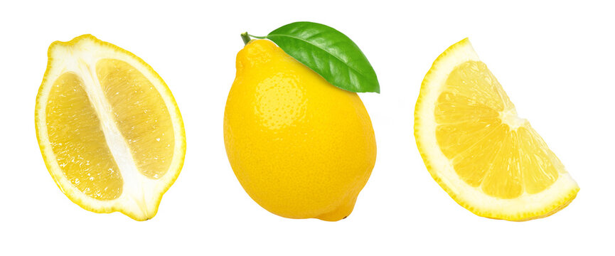 lemon fruit with leaves, slice and half isolated on white background, Fresh and Juicy Lemon, set
