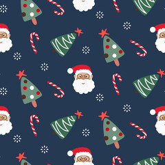 Christmas wrap paper design with trees and Santa Claus. Xmas gift wrapping background with snow and gifts.