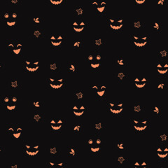 Halloween pumpkins orange face expressions from the dark seamless pattern background