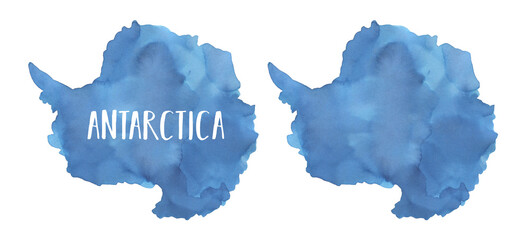 Watercolour illustration set of Antarctica Continent Map in blue color: blank one variation and with name lettering. Hand painted water colour drawing, cut out clip art element for design decoration. © Julija