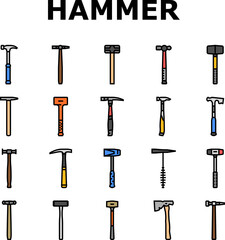 hammer tool construction icons set vector. carpentry wood, equipment work, metal repair, mallet carpenter court, hand steel hammer tool construction color line illustrations