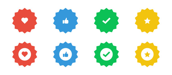 Like favorite tested and quality icon set. Heart star tick thumb up round sign. Colored flat circle symbols.