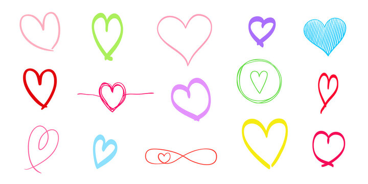 Colorful trendy hearts on isolated white background. Hand drawn set of love signs. Unique grungy signs for design. Line art creation. Colored illustration. Elements for poster or flyer