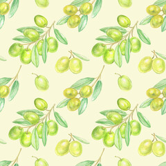 Watercolor seamless olive pattern isolated on pale yellow background.Use for textile,fabrics,etc.