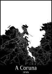 Black and White city map poster of A Coruna Spain.