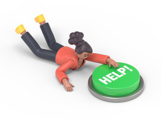 3D illustration of smiling african american woman Coco crawling to the help button.3D rendering on white background.
 - obrazy, fototapety, plakaty