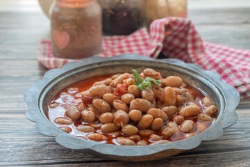 Traditional delicious Turkish food; Kidney beans with olive oil, Red kidney bean stew, Turkish name; Barbunya pilaki