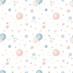 Pattern with air Balloons and confetti in cute pastel blue and pink colors. Seamless hand drawn background for holiday party or birthday. Watercolor illustration on white background