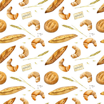 Seamless pattern on a white background. Bread painted in watercolor. Bread, baguette, bagels and an ear of wheat. For paper, fabric, tablecloth, etc. design.