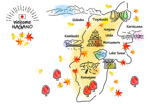 秋の長野県の観光地のシンプル線画イラストマップ 