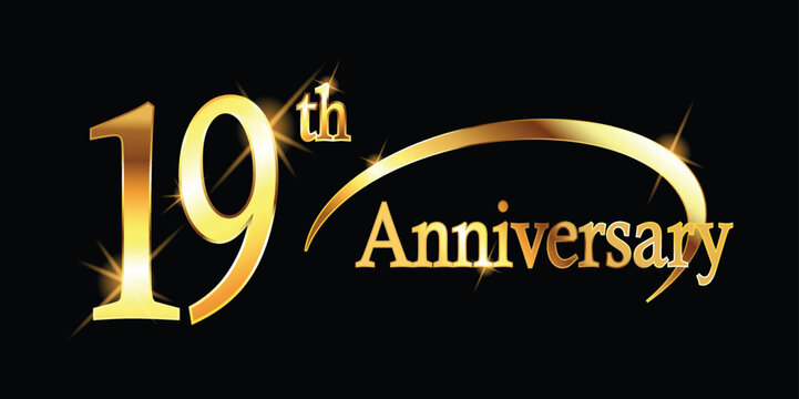 19th Anniversary celebration. Gold Luxury Banner of 19th Anniversary celebration. nineteenth celebration card. Vector anniversary