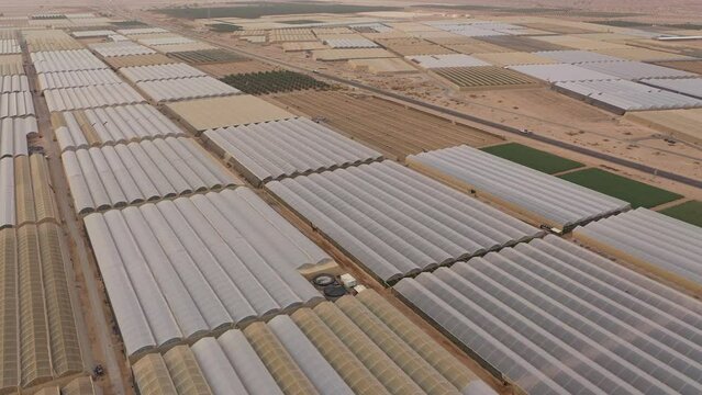 Aerial view of massive complex of greenhouses and agricultural fields, next to traffic driving on main road in the Negev desert in Israel
